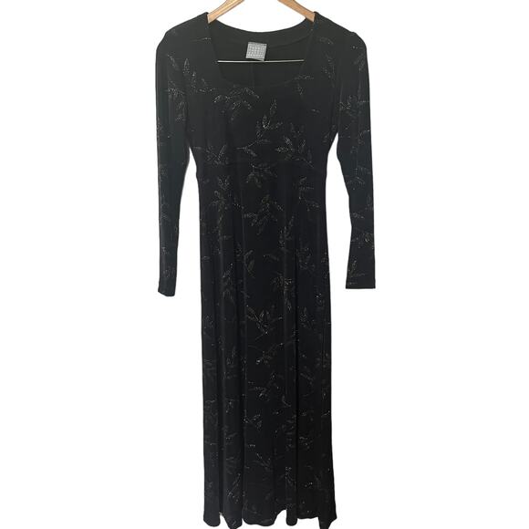 Rabbit Designs Dress VTG 90s Black Silver Leaf Whimsygoth Slinky Knit Midi 4 - Picture 1 of 8